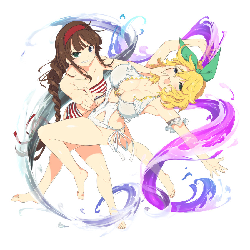 2girls :3 ahoge armband armlet armpits bare_shoulders barefoot bikini blonde_hair blue_eyes blush bow breasts brown_hair cheek_pinching cleavage collarbone flat_chest frilled_armband frilled_bikini frills game_cg green_bow green_eyes grin groin hair_bow hair_ribbon hairband heterochromia highres jewelry kandagawa_jet_girls large_breasts linea_alba long_hair looking_at_viewer masochism multiple_girls non-web_source official_art one-piece_swimsuit open_mouth pinching pointing pointing_at_viewer red_bikini red_hairband ribbon ryoubi_(senran_kagura) ryouna_(senran_kagura) sadism senran_kagura senran_kagura_estival_versus shiny_skin short_hair siblings side-tie_one-piece_swimsuit side-tie_swimsuit simple_background sisters smile smirk standing strapless strapless_bikini striped_bikini striped_clothes swimsuit swimsuit_skirt swirl toes transparent_background twins very_long_hair white_one-piece_swimsuit yaegashi_nan zipper zipper_pull_tab