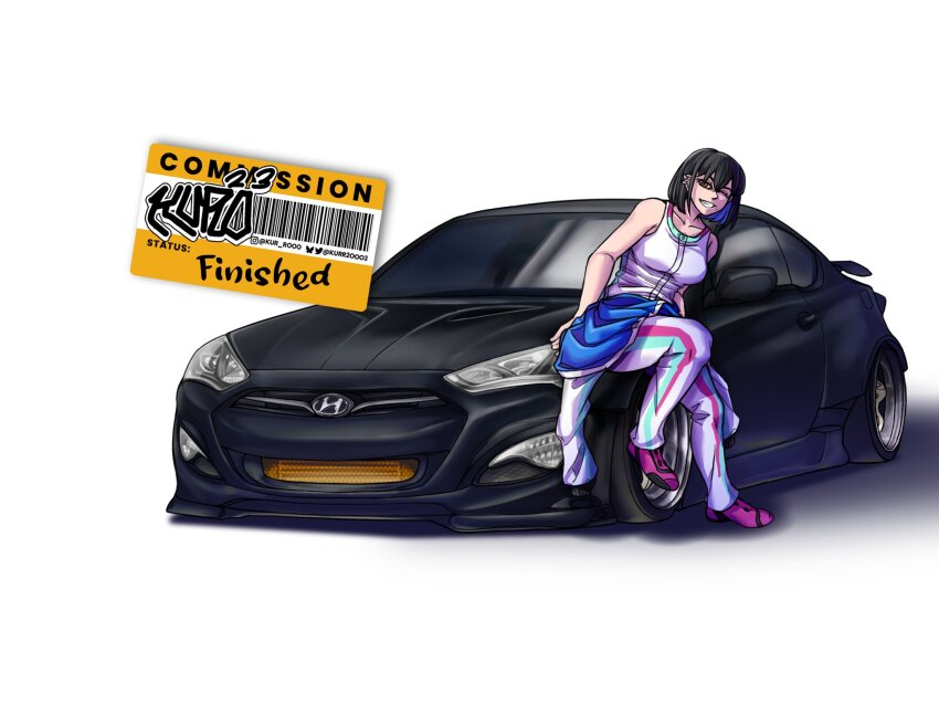1girl artist_name barcode black_car black_hair blue_hair bluesky_logo bluesky_username breasts brown_eyes car collarbone colored_inner_hair commentary commission earrings english_commentary hair_behind_ear highres hyundai hyundai_genesis_coupe instagram_logo instagram_username jewelry jumpsuit jumpsuit_around_waist kur_rooo looking_at_viewer medium_breasts mole mole_under_mouth motor_vehicle multicolored_hair original parted_lips racing_suit shadow short_hair simple_background smile solo sports_car tank_top twitter_logo twitter_username vehicle_focus white_jumpsuit white_tank_top
