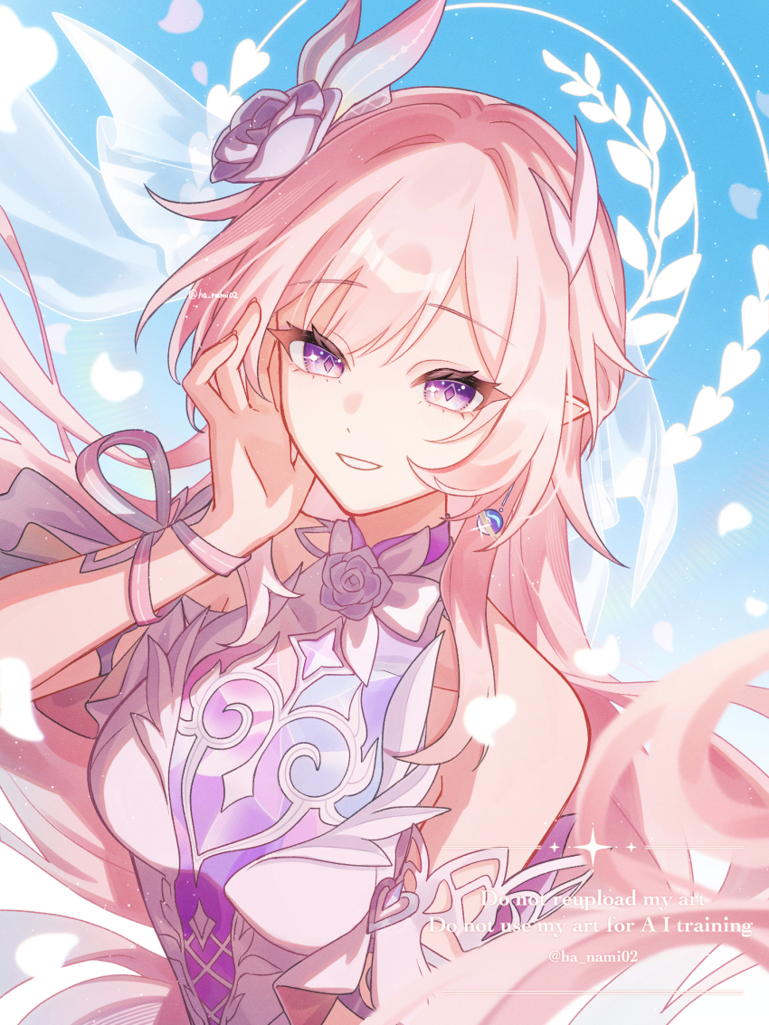 1girl bare_shoulders blue_sky commentary_request cyrene_(honkai:_star_rail) cyrene_(ripples_of_past_reverie)_(honkai:_star_rail) diamond-shaped_pupils diamond_(shape) dress earrings flower halo hana_(nemukunai87) highres honkai:_star_rail honkai_(series) jewelry long_hair pink_hair pointy_ears purple_eyes purple_flower purple_rose rose sky smile solo symbol-shaped_pupils twitter_username very_long_hair white_dress
