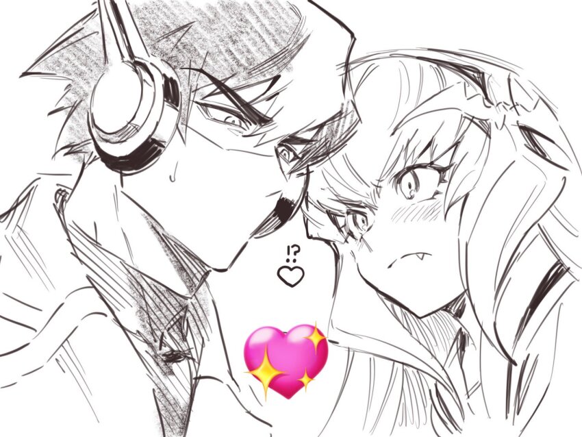 !? 1boy 1girl blush collared_shirt emoji fang fang_out frown genderswap genderswap_(mtf) hair_ornament heart humanization jacket koooogasya long_hair looking_down megatron multicolored_hair optimus_prime shirt sparkle streaked_hair transformers transformers_prime v-shaped_eyebrows white_background