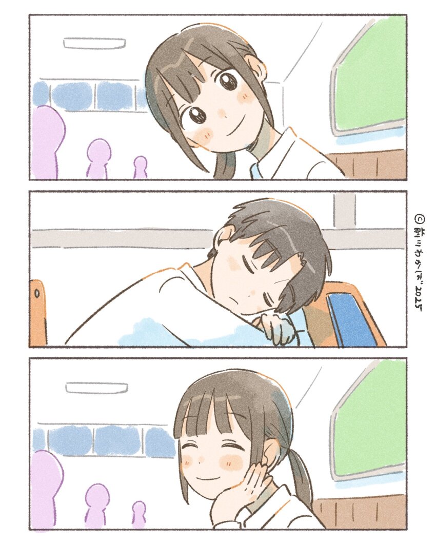 1boy 1girl 2025 3koma 3others artist_name black_eyes black_hair blush brown_hair classroom closed_eyes comic copyright_logo desk head_on_table head_rest highres indoors maekawa_wakaba multiple_others original parted_bangs ponytail school_desk school_uniform shirt silent_comic sleeping smile white_shirt