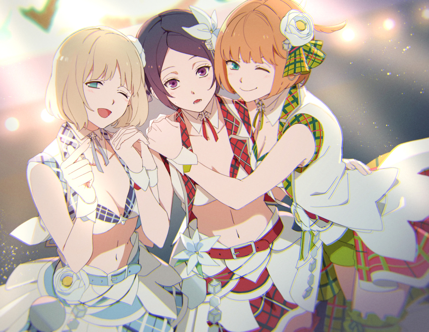 3girls ;) ;d aqua_eyes arm_around_waist belt blonde_hair blue_skirt blurry blurry_background bob_cut breasts cleavage closed_mouth cowboy_shot crop_top cube detached_collar eyelashes flower frilled_thigh_strap green_shorts hair_flaps hair_flower hair_ornament hair_ribbon hand_on_another&#039;s_shoulder head_tilt holding_hands idol interlocked_fingers kitora_ai konami_kirie layered_skirt looking_at_viewer medium_breasts midriff miniskirt multiple_girls nasu_rei navel one_eye_closed open_mouth orange_hair parted_bangs plaid_clothes plaid_skirt purple_eyes red_ribbon red_skirt ribbon short_hair short_sleeves shorts shorts_under_skirt showgirl_skirt skirt skirt_set sleeveless small_breasts smile thigh_strap white_flower white_skirt world_trigger wrist_cuffs yawai_tofu