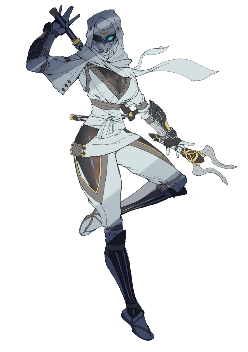 1girl absurdres blue_eyes bodystocking breasts catball1994 cleavage glowing glowing_eye helmet highres holding holding_behind_back holding_weapon holding_weapon_behind_back katana leg_armor leg_up mask medium_breasts ninja_sentai_kakuranger ninja_white over_shoulder redesign scarf sheath sheathed stylistic super_sentai sword tokusatsu vambraces weapon weapon_over_shoulder white_headwear white_scarf