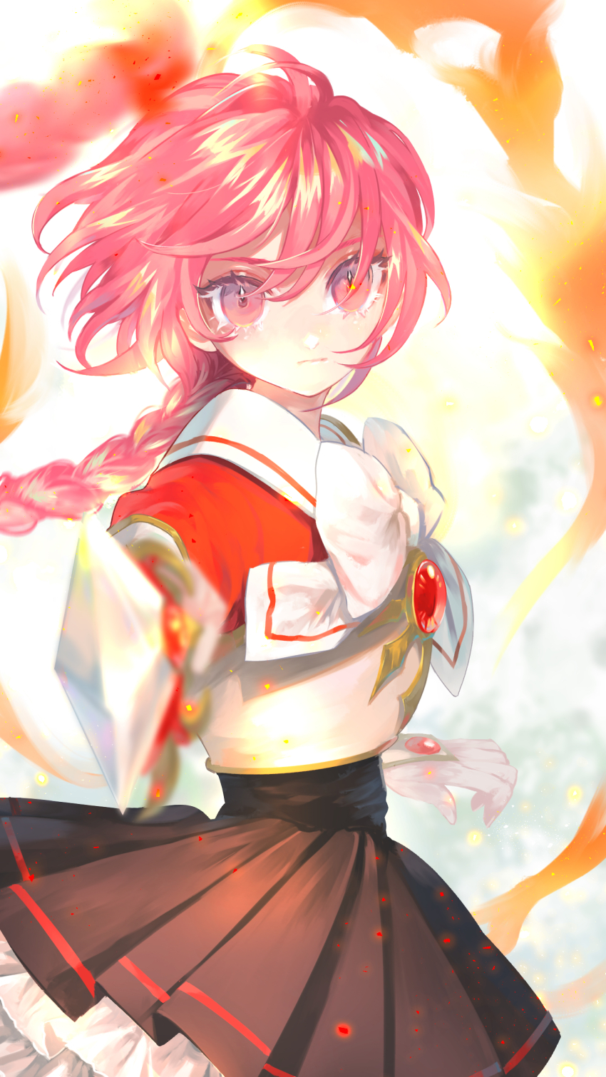 1girl 58_(scbaby) absurdres black_skirt bow braid brooch closed_mouth eyelashes highres holding holding_sword holding_weapon jewelry long_braid looking_at_viewer magic_knight_rayearth pink_hair pleated_skirt pointing_melee_weapon sailor_collar shidou_hikaru single_braid skirt solo sword upper_body weapon white_bow