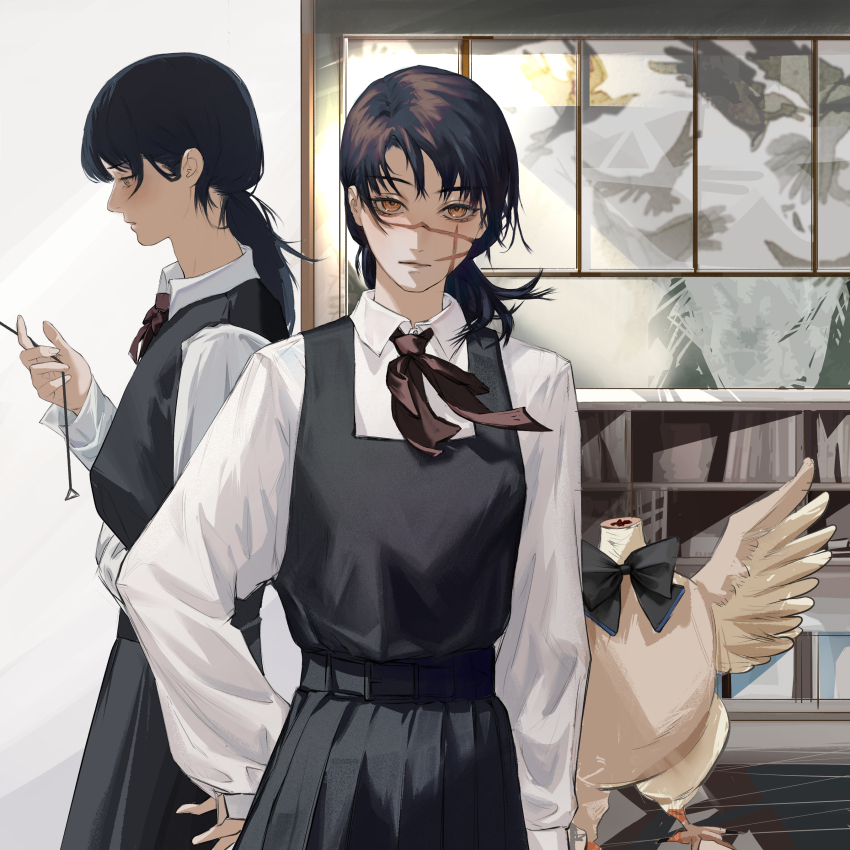 2girls absurdres bird bucky_(chainsaw_man) chainsaw_man chicken commentary cross_scar dress facial_scar fourth_east_high_school_uniform from_side headless highres ivdimension long_hair mitaka_asa multiple_girls pinafore_dress ponytail scar scar_on_cheek scar_on_face school_uniform sleeveless sleeveless_dress yoru_(chainsaw_man)