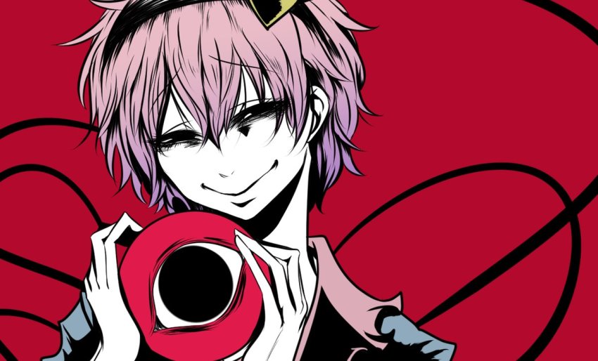 1girl blouse blue_shirt creepy_eyes eyeball female_focus frills hair_between_eyes hair_ornament hairband head_tilt heart heart_hair_ornament holding image_sample komeiji_satori pink_background pink_hair ribbon-trimmed_collar ribbon_trim sei_no_ji shirt short_hair smile solo third_eye touhou twitter_sample upper_body wide-eyed