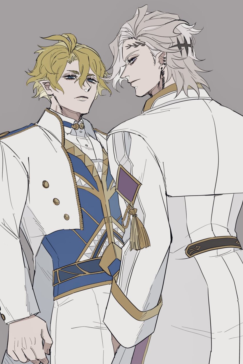 2boys ahoge blue_eyes blue_vest brothers choker closed_mouth ear_piercing earrings facial_tattoo forehead_tattoo formal_clothes from_behind from_side gold_tassel gold_trim grey_background hades_(shuumatsu_no_valkyrie) hair_between_eyes half-closed_eyes high_collar highres jacket jewelry leaf_tattoo long_sleeves looking_at_viewer looking_back male_focus multiple_boys pants piercing pointy_ears poseidon_(shuumatsu_no_valkyrie) purple_eyes shirt short_hair shuumatsu_no_valkyrie siblings simple_background spiked_headband spikes standing tassel tattoo upper_body vest white_hair white_jacket white_pants white_shirt white_undershirt