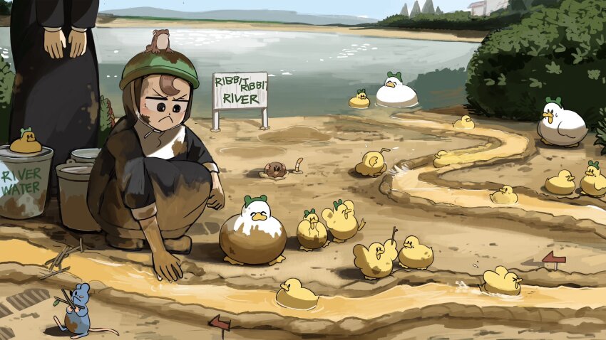 2girls :&lt; bird brown_eyes brown_hair bush chicken commentary dirty dirty_clothes dirty_face diva_(hyxpk) duck duckling earthworm english_commentary frog frog_headband frog_on_head froggy_nun_(diva) habit highres little_nuns_(diva) mole_(animal) mouse_(animal) multiple_girls nun river slice_of_life squatting standing traditional_nun