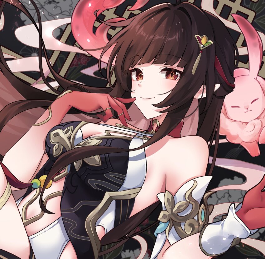 1girl bare_shoulders blunt_bangs breasts brown_eyes brown_hair chinese_clothes cleavage colored_extremities commentary_request detached_sleeves diamond-shaped_pupils diamond_(shape) fuyuan_(honkai:_star_rail) hair_ornament halterneck hands_up highres honkai:_star_rail honkai_(series) lingsha_(honkai:_star_rail) looking_at_viewer pointy_ears rabbit red_hands shirase_(shirose) smile solo symbol-shaped_pupils tassel tassel_hair_ornament white_sleeves
