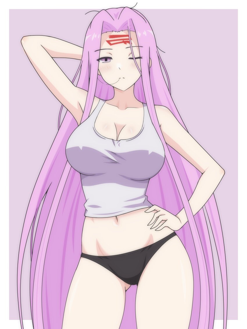 1girl absurdres arm_behind_head black_panties border breasts commentary dani_(angrymatthew) english_commentary facial_mark fate/stay_night fate_(series) forehead_mark hand_on_own_hip highres large_breasts long_hair looking_at_viewer medusa_(fate) medusa_(rider)_(fate) midriff navel one_eye_closed panties purple_background purple_eyes purple_hair simple_background solo tank_top underwear very_long_hair white_border white_tank_top