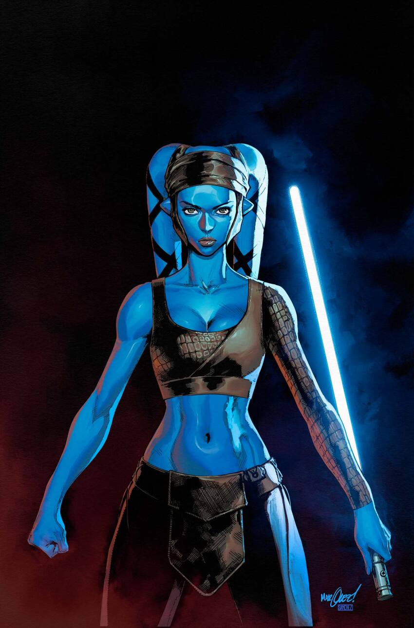 1girl aayla_secura alien black_pants black_sports_bra blue_lightsaber blue_skin breasts brown_eyes cleavage clenched_hand colored_skin david_marquez energy_sword highres holding holding_sword holding_weapon lightsaber looking_at_viewer medium_breasts midriff navel pants pelvic_curtain reverse_grip signature single_sleeve solo sports_bra star_wars sword torn_clothes torn_pants twi&#039;lek weapon
