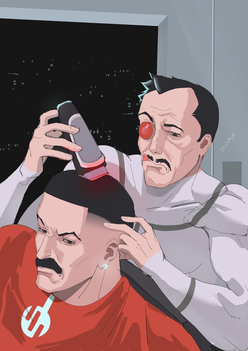 2boys absurdres artist_name barber_cape barber_chair choso_giving_toudou_a_haircut_(meme) earrings eyepatch facial_hair fade_(haircut) hair_clipper highres invincible_(series) jewelry kregg male_focus meme multiple_boys mustache shinkai_(ghoul-de-mask) single_earring thragg_(invincible) tongue tongue_out