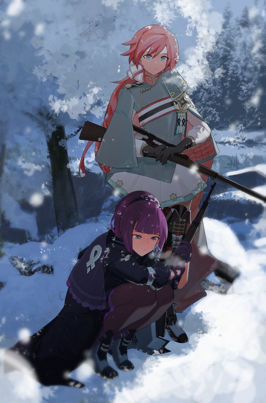 2girls absurdres aqua_eyes black_gloves blue_eyes bolt_action breath carcano carcano_m1891_(girls&#039;_frontline) carcano_m91/38_(girls&#039;_frontline) closed_mouth commentary english_commentary forest full_body girls&#039;_frontline gloves gun highres holding holding_gun holding_weapon looking_at_viewer multiple_girls nature pink_hair purple_gloves purple_hair rifle sniper_rifle snow squatting standing tree variasii weapon winter