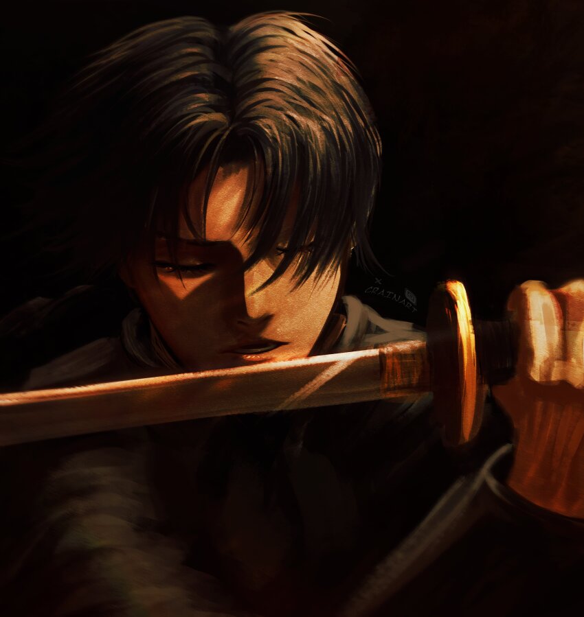 1girl absurdres black_background black_hair closed_eyes crain1art darkness face_in_shadow highres holding holding_sword holding_weapon kagurabachi katana samura_iori shadow solo sword weapon