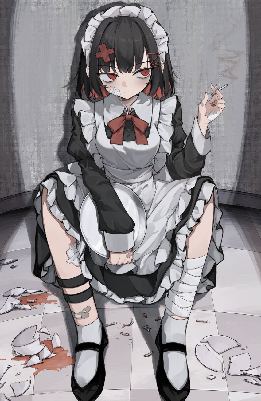 1girl absurdres against_wall asymmetrical_legwear bags_under_eyes bandage_on_cheek bandage_on_face bandaged_hand bandaged_leg bandages bandaid bandaid_on_finger bandaid_on_hand bandaid_on_leg black_hair black_shoes broken_cup broken_plate cigarette collar commentary dot_nose dress frilled_dress frills full_body hair_ornament hairclip highres hisha_(kan_moko) holding holding_cigarette holding_plate light_frown long_sleeves maid maid_headdress multicolored_hair nail_polish original parallel_hairclips plate red_eyes red_nails red_ribbon ribbon shards shin_strap shoes short_hair single_sleeve_past_wrist sitting socks solo spilled_drink tile_floor tiles triangle_hair_ornament two-tone_hair white_collar white_socks x_hair_ornament