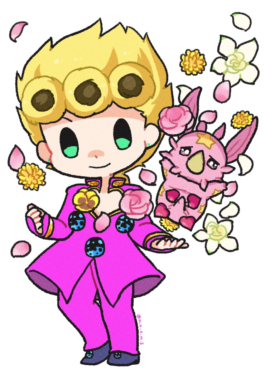 1boy 1other absurdres blonde_hair chibi chibi_only cleavage_cutout clothing_cutout colored_skin commentary earrings flower giorno_giovanna green_eyes high_collar highres jacket jewelry jojo_no_kimyou_na_bouken ladybug_ornament long_sleeves m_a_a_m_8 male_focus pants petals pink_eyes pink_flower pink_jacket pink_pants pink_rose pink_skin rose smile stand_eyecatch_(jojo) star_(symbol) star_print steel_ball_run stud_earrings symbol-only_commentary tusk_(stand) tusk_act1 vento_aureo white_background white_flower wing_ornament