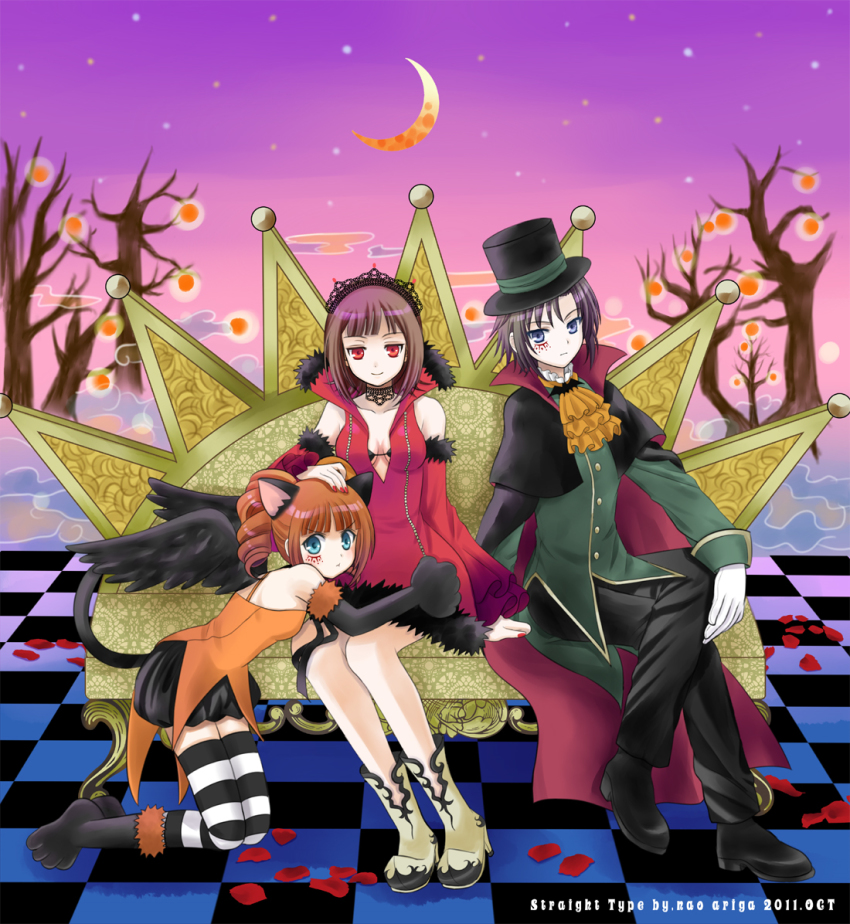 3girls amami_haruka animal_hands ariga_nao bare_shoulders boots bra breasts cape cleavage costume crossed_legs dress facial_tattoo gloves halloween hand_on_head harustein hat idolmaster idolmaster_(classic) kikuchi_makoto kneeling lingerie mujin_gattai_kisaragi multiple_girls pout revision sitting sky smile striped_clothes striped_legwear striped_thighhighs tail takatsuki_yayoi tattoo thighhighs tiara tree underwear wings
