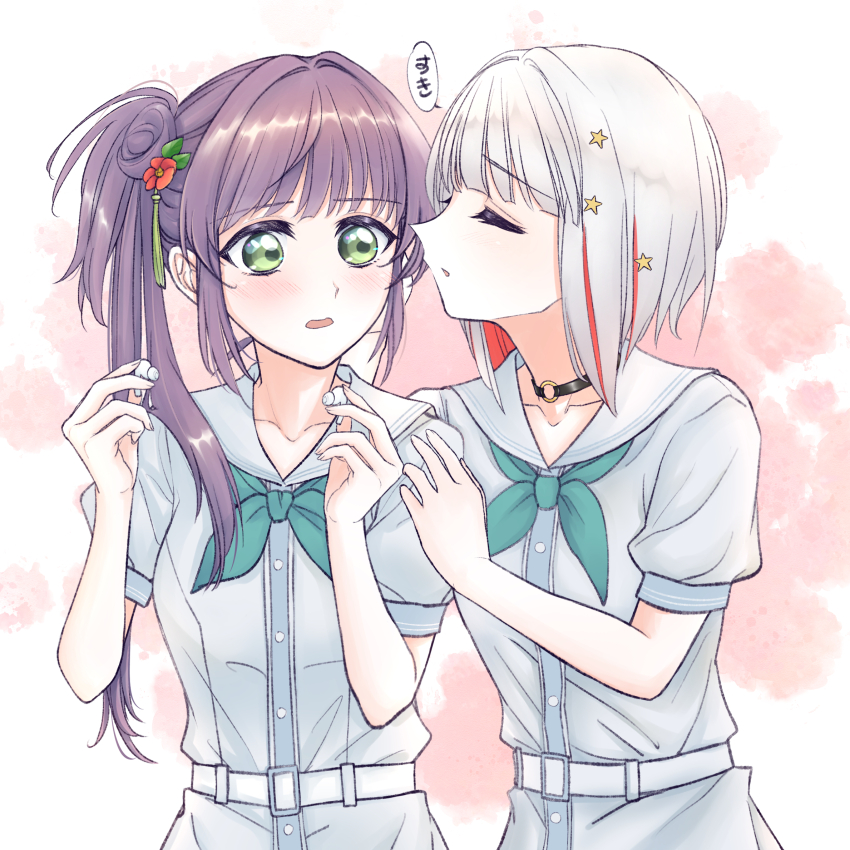 2girls aegis_zan airpods aqua_neckerchief black_choker blush bob_cut choker closed_eyes colored_inner_hair commentary_request diagonal_bangs dress earphones flower green_eyes grey_hair hair_bun hair_flower hair_ornament hasu_no_sora_school_uniform highres holding holding_earphones inverted_bob link!_like!_love_live! lone_nape_hair long_hair love_live! medium_hair multicolored_hair multiple_girls neckerchief o-ring o-ring_choker open_mouth otomune_kozue pink_background pleated_dress purple_hair red_flower red_hair sailor_collar sailor_dress school_uniform short_sleeves side_ponytail sidelocks single_side_bun star_(symbol) star_hair_ornament streaked_hair summer_uniform tassel tassel_hair_ornament virtual_youtuber whispering whispering_in_ear white_dress white_sailor_collar wireless_earphones yugiri_tsuzuri yuri