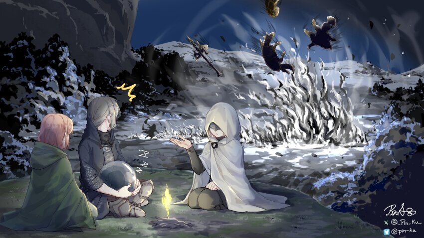 1boy 4girls absurdres artist_name attack black_fire bluesky_logo bluesky_username brown_hair cloak commentary company_connection crossover dark_souls_(series) dark_souls_iii elden_ring english_commentary eye_mask fire fire_keeper fromsoftware green_cloak grey_hair halberd highres holding holding_scythe hood hood_down horse long_sleeves medium_hair melina_(elden_ring) multiple_girls night pin.s polearm scythe seiza signature sister_friede site_of_grace sitting tarnished_(elden_ring) tree tree_sentinel twitter_x_logo weapon white_cloak zzz