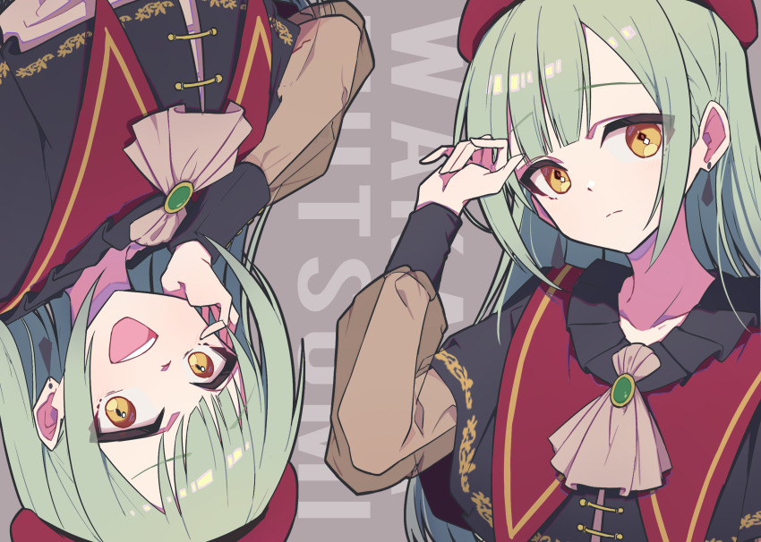 1girl ascot bang_dream! bang_dream!_it&#039;s_mygo!!!!! beret black_capelet capelet character_name chinese_commentary closed_mouth commentary_request earrings green_ascot green_hair hat highres jewelry killkiss_(bang_dream!) long_hair looking_at_viewer mortis_(bang_dream!) mortis_(costume)_(bang_dream!) mortis_(persona)_(bang_dream!) multiple_views open_mouth red_hat see-through_clothes see-through_sleeves sidelocks teeth upper_teeth_only wakaba_mutsumi white_ascot yellow_eyes zhong_xiansheng