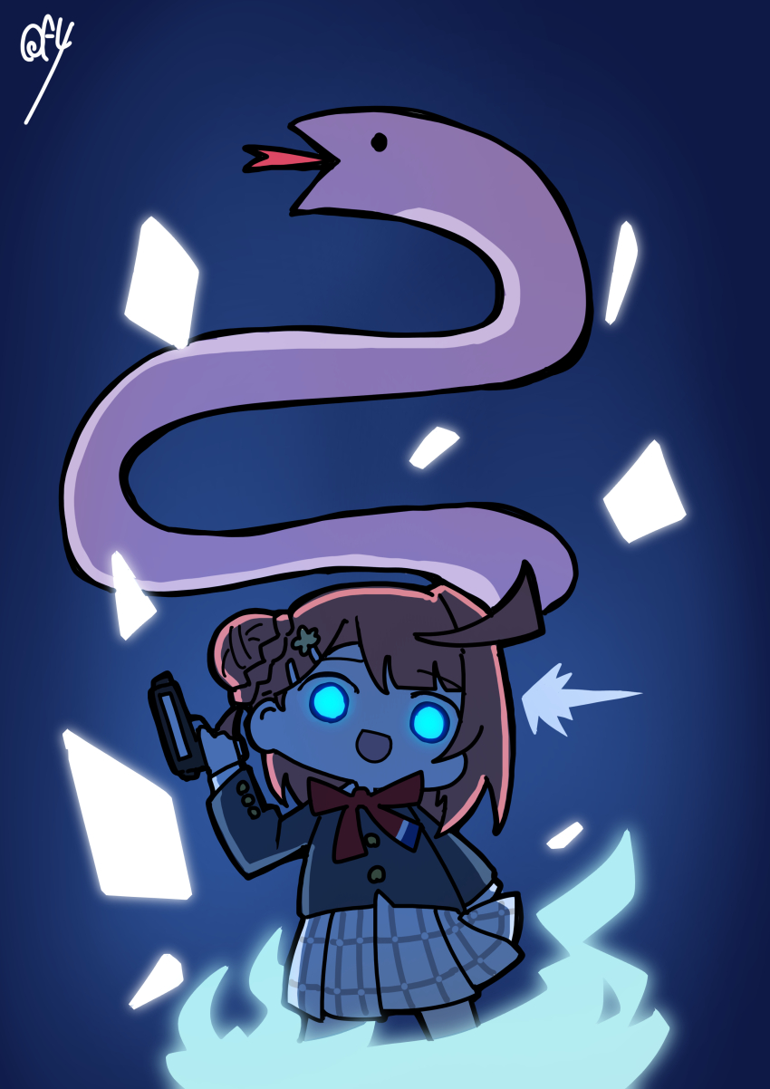 1girl :d absurdres ahoge aura backlighting blazer blue_background blunt_bangs chibi chibi_only commentary dark_background evoker glowing glowing_eyes grey_jacket hair_bun hair_ornament hairclip highres jacket long_sleeves looking_at_viewer love_live! love_live!_nijigasaki_high_school_idol_club medium_hair neck_ribbon nijigasaki_school_uniform o_o oofushi_ao open_mouth parted_bangs persona persona_(summon) persona_3 pink_hair plaid_clothes plaid_skirt pleated_skirt red_ribbon ribbon sasuke_(love_live!) school_uniform shirt signature single_side_bun skirt smile snake solo uehara_ayumu white_skirt winter_uniform