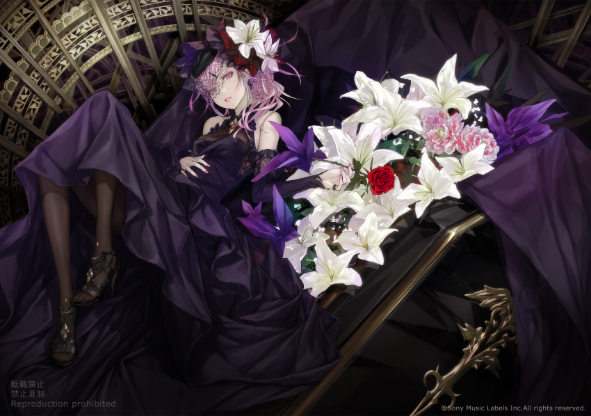 1girl absurdres album_cover bare_shoulders bars black_pantyhose commentary_request cover dark_background detached_sleeves dress egoist fascinator flower full_body guilty_crown hair_flower hair_ornament hair_over_shoulder half-closed_eyes hand_on_own_stomach hand_up high_heel_sandals highres jewelry knees_up long_hair lying nail_polish official_art on_back pantyhose parted_lips pillbox_hat pink_eyes pink_hair pink_lips purple_flower red_flower redjuice ring sandals see-through_clothes see-through_dress sleeveless sleeveless_dress solo white_flower yuzuriha_inori