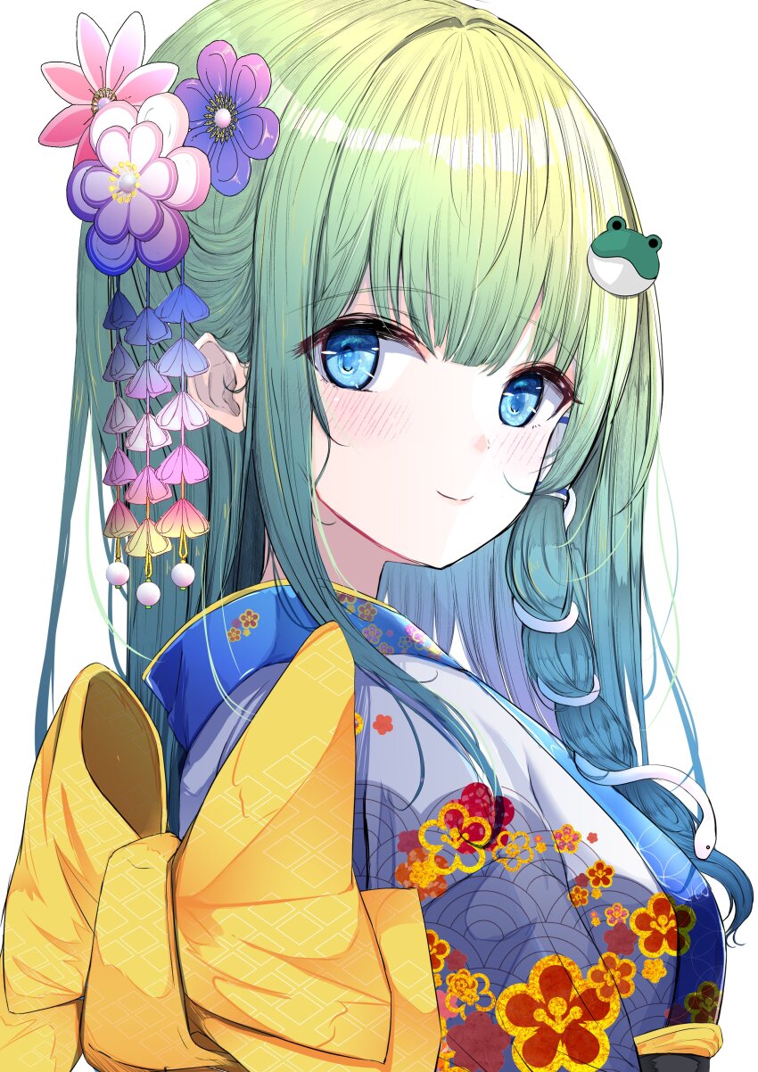 1girl absurdres alternate_costume blue_eyes blush bow breasts closed_mouth commentary_request floral_print floral_print_kimono frog_hair_ornament green_hair hair_ornament hair_tubes highres kanzashi kochiya_sanae long_hair looking_at_viewer new_year obi print_kimono sash seigaiha sidelocks single_hair_tube smile snake_hair_ornament solo tomo_(uguisu-tei) touhou upper_body white_background yellow_bow