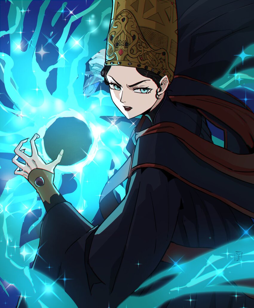 1girl absurdres black_hair blue_background blue_eyes blue_robe casting_spell commentary elden_ring hat highres open_mouth orb rennala_queen_of_the_full_moon robe solo sparkle stole v-shaped_eyebrows wizard_hat yakutzan