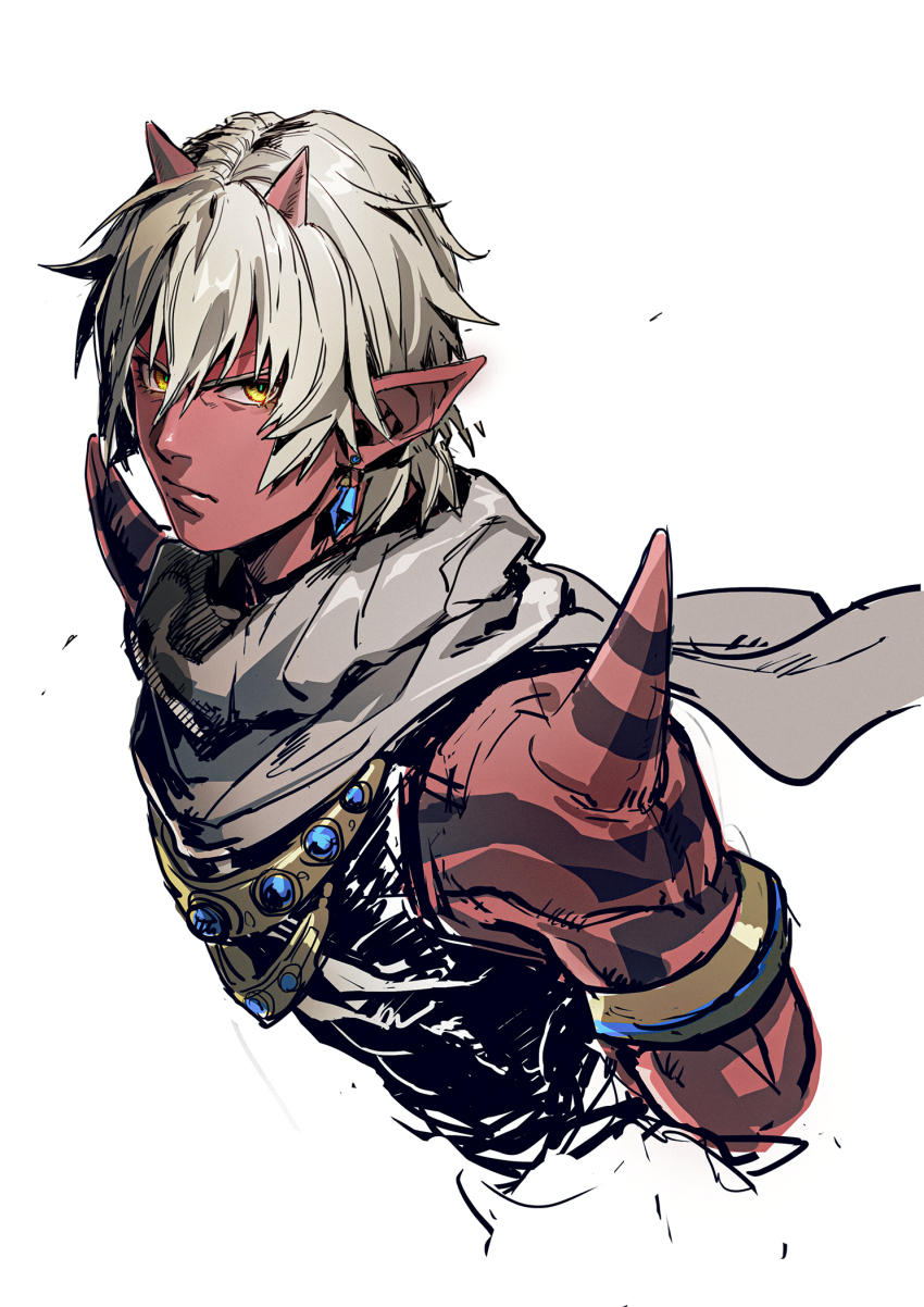 1boy armlet black_shirt blue_gemstone closed_mouth colored_skin commentary dragon_quest dragon_quest_x earrings floating_clothes gem girugaran gold_armlet green_pupils highres horns jewelry looking_at_viewer looking_to_the_side male_focus muscular muscular_male necklace nv5cafujd0cwd9h pointy_ears red_horns red_skin scarf shirt short_hair shoulder_spikes sketch sleeveless sleeveless_shirt slit_pupils solo spikes upper_body white_background white_hair white_scarf yellow_eyes