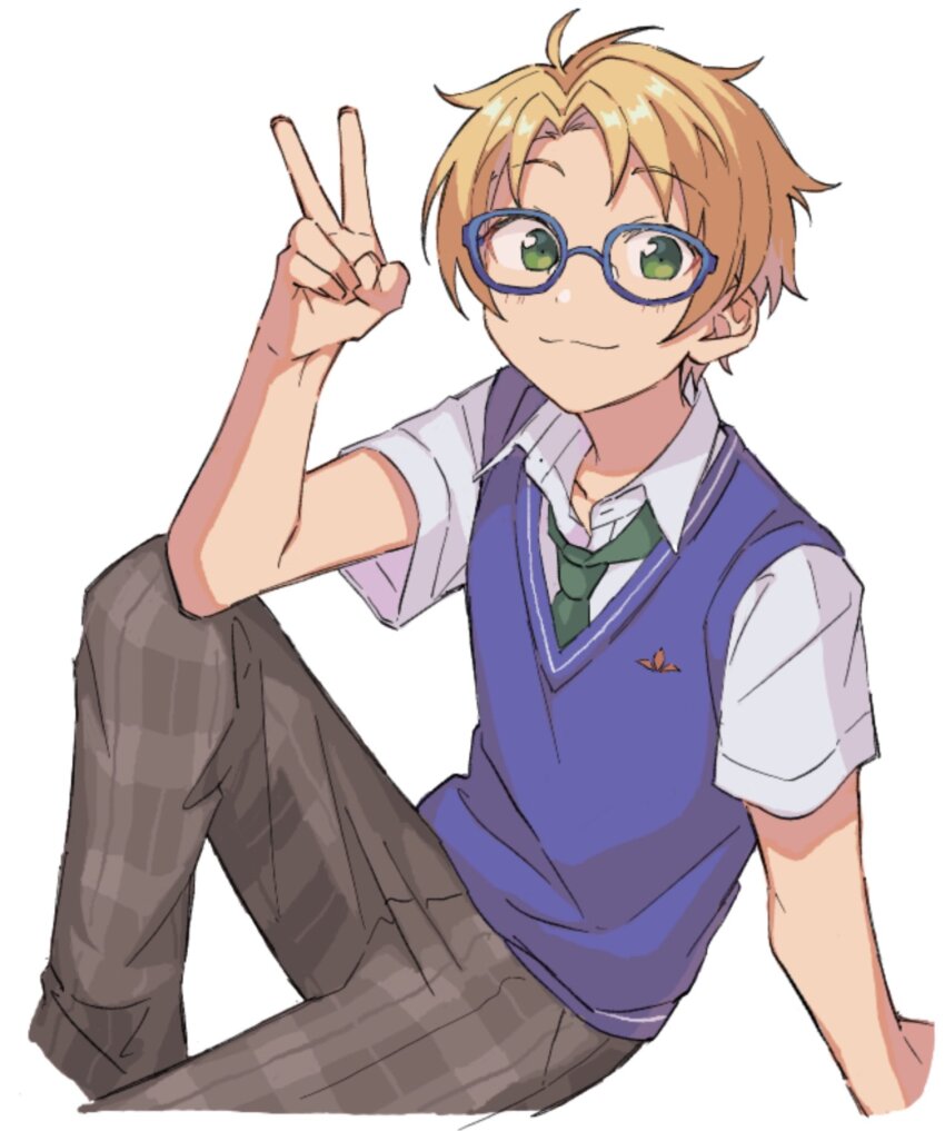 1boy :3 ahoge arm_at_side arm_up bishounen blonde_hair blue-framed_eyewear blue_sweater_vest closed_mouth collared_shirt cropped_arm elbow_on_knee elbow_rest ensemble_stars! feet_out_of_frame green_eyes green_necktie grey_pants highres knee_up light_smile looking_at_viewer looking_to_the_side male_focus necktie niyororinpayamaru no_jacket open_collar pants plaid_clothes plaid_pants school_uniform shirt short_hair short_sleeves side_part simple_background solo split_mouth summer_uniform sweater_vest v white_background wing_collar yumenosaki_school_uniform yuuki_makoto_(ensemble_stars!)