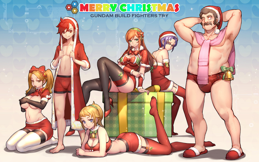 10s 3boys 3girls arm_support ass barefoot bell neck_bell blue_eyes box boxers breastless_clothes breasts brown_eyes brown_hair choker christmas cleavage collar covering_privates covering_breasts crossdressing dress elbow_gloves english_text facial_hair feet garter_straps gift gift_box glasses gloves green_eyes gundam gundam_build_fighters gundam_build_fighters_try hat headband heart high_heels highres hood hoodie hoshino_fumina kamiki_mirai kamiki_sekai kneeling kousaka_yuuma large_breasts leg_up legs long_hair long_legs looking_at_viewer lying male_underwear merry_christmas midriff miniskirt multiple_boys multiple_girls mustache on_stomach orange_hair pencil_skirt ponytail purple_eyes purple_hair ral-san ramba_ral red_eyes red_hair red_legwear ryushin santa_costume santa_hat sazaki_kaoruko scarf seductive_smile short_dress short_hair sitting skindentation skirt smile sweater_around_neck thighhighs thighs trap twintails underboob underwear wink yellow_eyes zettai_ryouiki