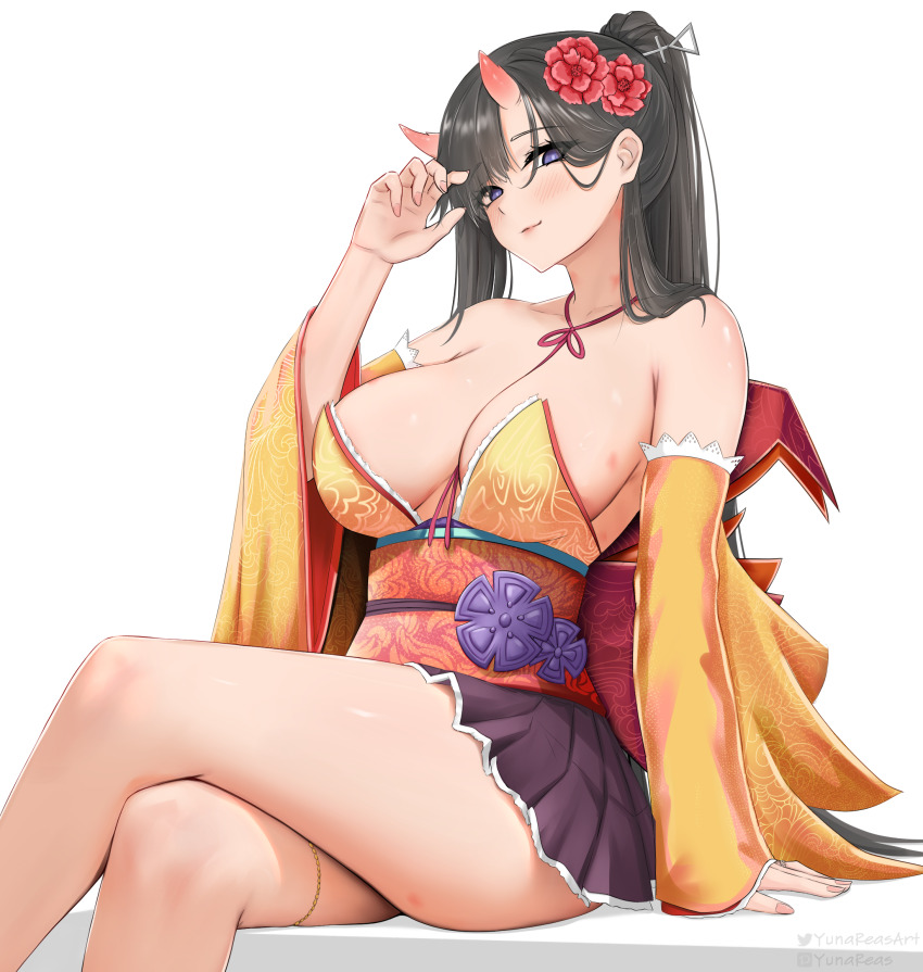 1girl azur_lane bare_shoulders black_hair blue_eyes blush breasts hair_ornament hickey highres horns japanese_clothes large_breasts long_hair long_sleeves looking_at_viewer medium_breasts multiple_girls official_alternate_costume oni pleated_skirt ponytail purple_eyes ryuuhou_(azur_lane) ryuuhou_(firebird&#039;s_new_year_dance)_(azur_lane) sidelocks skirt thighs yunareas