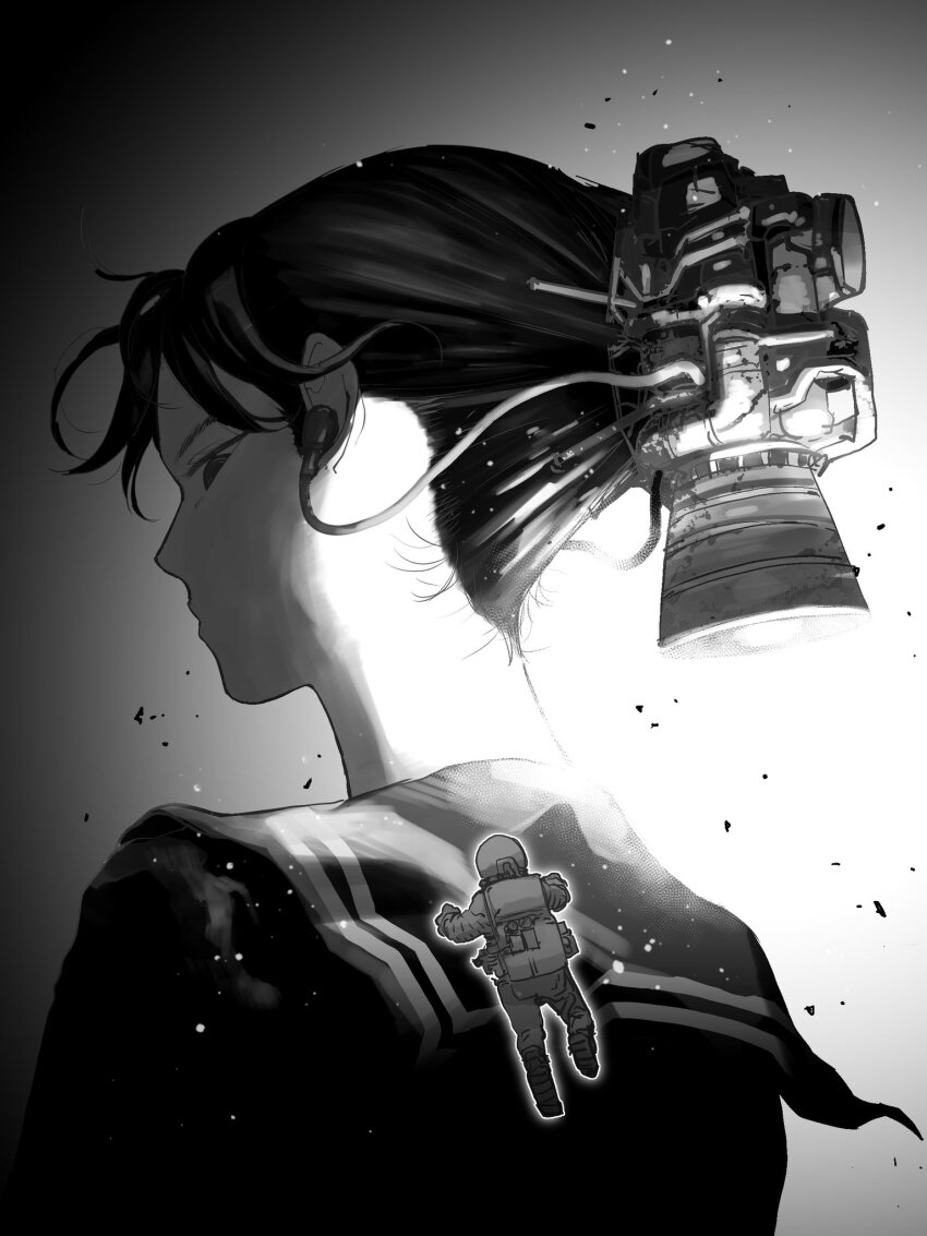 1girl 1other cable commentary_request giant giantess greyscale highres manabu_yashiro monochrome original profile school_uniform serafuku spacesuit