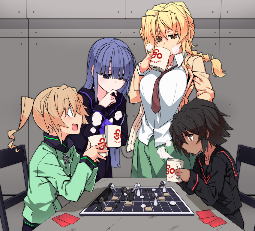 4girls absurdres black_eyes black_hair black_jacket blonde_hair braid closed_mouth dark-skinned_female dark_skin dress_shirt drill_hair green_jacket hair_tie highres indoors jacket kagari_rukako kaitou_reiko kakiku_keiko kazami_nobuko long_hair long_sleeves looking_at_another multiple_girls necktie open_mouth original oteruko_(wanabeee) pleated_skirt red_necktie school_uniform shirt short_hair skirt standing trembling twintails