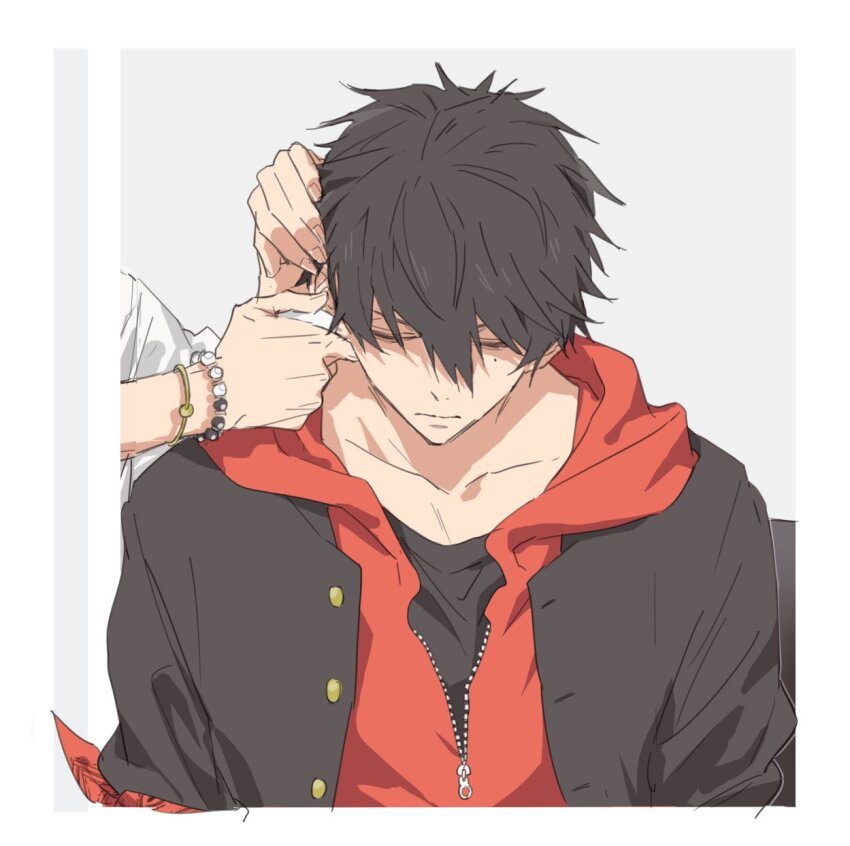 2boys aohitsugi_samatoki bandana bandana_around_arm bead_bracelet beads black_hair border bracelet closed_eyes collarbone expressionless gakuran gold_bracelet grey_background hair_between_eyes hand_on_another&#039;s_ear head_down highres hood hoodie hpkmygy hypnosis_mic jacket_over_hoodie jewelry male_focus mole mole_under_eye multiple_boys outside_border red_bandana red_hoodie school_uniform short_hair simple_background solo_focus spiked_hair white_border yamada_ichiro