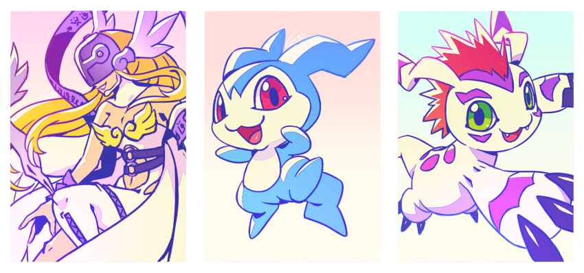 angel angel_girl angewomon chibimon digimon digimon_(creature) gomamon head_wings highres long_hair mask wings