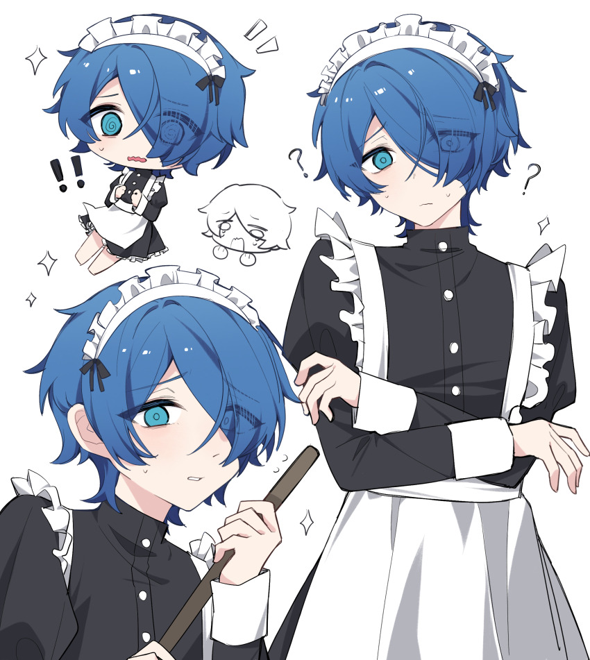 ! !! 1boy ? @_@ absurdres apron aqua_eyes black_dress blue_hair broom chibi chibi_inset crossdressing crossed_arms dress eyes_visible_through_hair flying_sweatdrops frown grey_background hair_over_one_eye highres holding holding_broom looking_at_viewer maid maid_apron maid_headdress male_focus male_maid milgram multiple_views open_mouth sakurai_haruka_(milgram) short_hair simple_background sparkle sweat wavy_mouth yingwux1