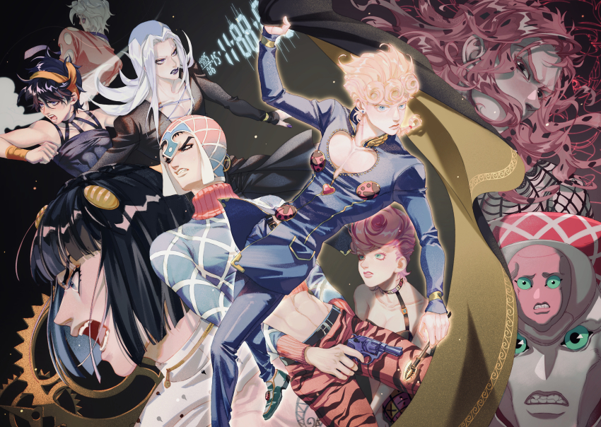 1girl 6+boys absurdres animal_print argyle_clothes argyle_sweater arrow_(jojo) black_hair blonde_hair blue_eyes bruno_bucciarati buffoon colored_sclera commentary diavolo giorno_giovanna green_sclera guido_mista gun handgun highres holding holding_gun holding_weapon jojo_no_kimyou_na_bouken king_crimson_(stand) ladybug_ornament leone_abbacchio long_hair midriff multiple_boys narancia_ghirga open_mouth pannacotta_fugo pink_hair polka_dot_hair revolver stand_(jojo) sweater tiger_print trish_una vento_aureo weapon