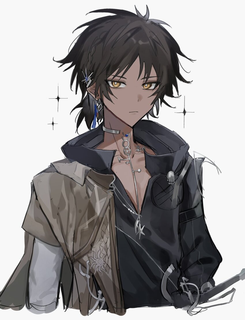 1boy arknights black_hair black_shirt bright_pupils closed_mouth collarbone commentary_request cropped_torso dark-skinned_male dark_skin earrings expressionless grey_background highres jewelry looking_at_viewer male_focus shihaka_(oo_r021) shirt short_hair simple_background sketch solo sparkle thorns_(arknights) thorns_the_lodestar_(arknights) white_pupils yellow_eyes