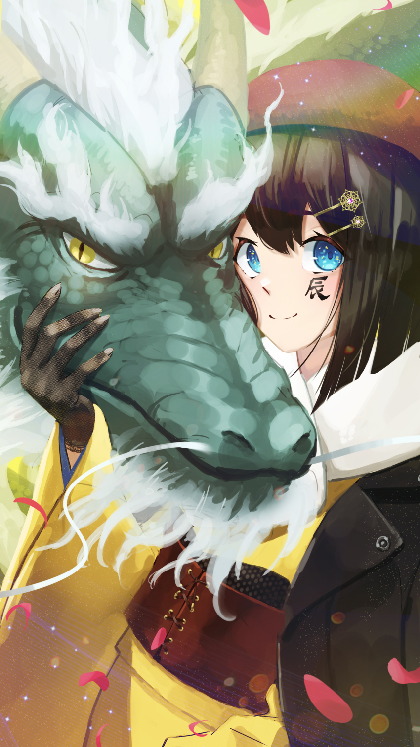 1girl absurdres black_gloves blue_eyes blunt_ends bomber_jacket double-parted_bangs dragon dragon_horns eastern_dragon falling_petals gloves grabbing_another&#039;s_chin green_scales hair_ornament hairpin hand_on_another&#039;s_chin highres horns jacket japanese_clothes kimono leather_belt light_particles long_sleeves looking_at_viewer medium_hair multiple_hairpins new_year original petals portrait slit_pupils smile white_hair wide_sleeves yellow_eyes yellow_kimono yurakusai