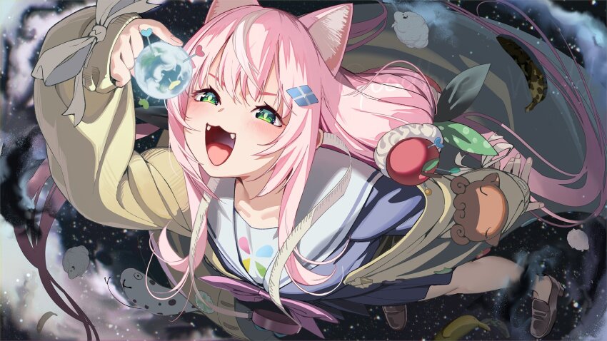 :3 banana blush cardigan earth_(planet) fangs floating_hair food from_above fruit full_body green_eyes highres iltusa imminent_eating loafers long_hair nijisanji nijisanji_kr planet shoes solo space twintails very_long_hair virtual_youtuber yang_nari yang_nari_(1st_costume)