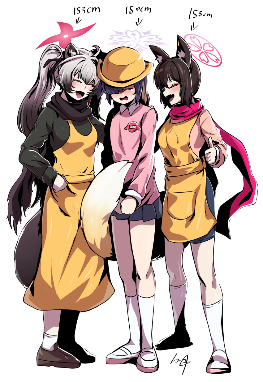 3girls aged_down alternate_height animal_ears apron black_skirt blonde_hair blue_archive breasts colored_inner_hair fox_ears fox_girl fox_tail grey_hair hair_over_one_eye halo height_chart highres izuna_(blue_archive) jacket kindergarten_uniform long_hair long_sleeves lop_rabbit_ears michiru_(blue_archive) miniskirt multicolored_hair multiple_girls ninjutsu_research_club_(blue_archive) pink_halo pink_jacket pleated_skirt purple_hair rabbit_ears rabbit_girl raccoon_ears raccoon_girl raccoon_tail ryuki_(red_dolphinman) skirt small_breasts tail tsukuyo_(blue_archive) twintails yellow_apron