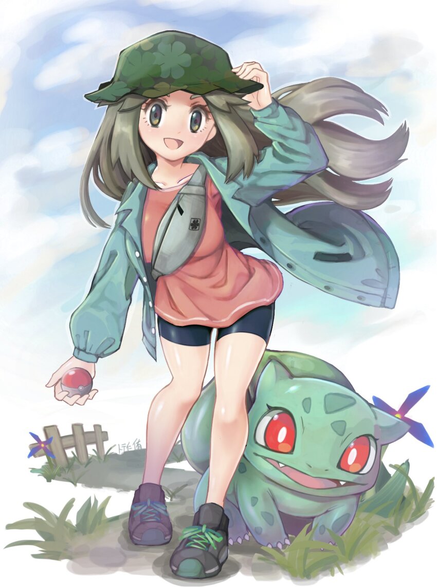 1girl :d bike_shorts black_shoes black_shorts bright_pupils brown_eyes brown_hair bucket_hat bulbasaur camouflage_headwear fangs full_body gen_1_pokemon green_hat green_jacket hat highres holding holding_poke_ball jacket leaf_(pokemon) leaf_(sygna_suit)_(pokemon) long_hair long_sleeves looking_at_viewer minamidena nintendo official_alternate_costume open_clothes open_jacket open_mouth outdoors pink_shirt poke_ball poke_ball_(basic) pokemon pokemon_(creature) pokemon_masters_ex red_hair shirt shoes shorts simple_background smile standing white_background white_pupils