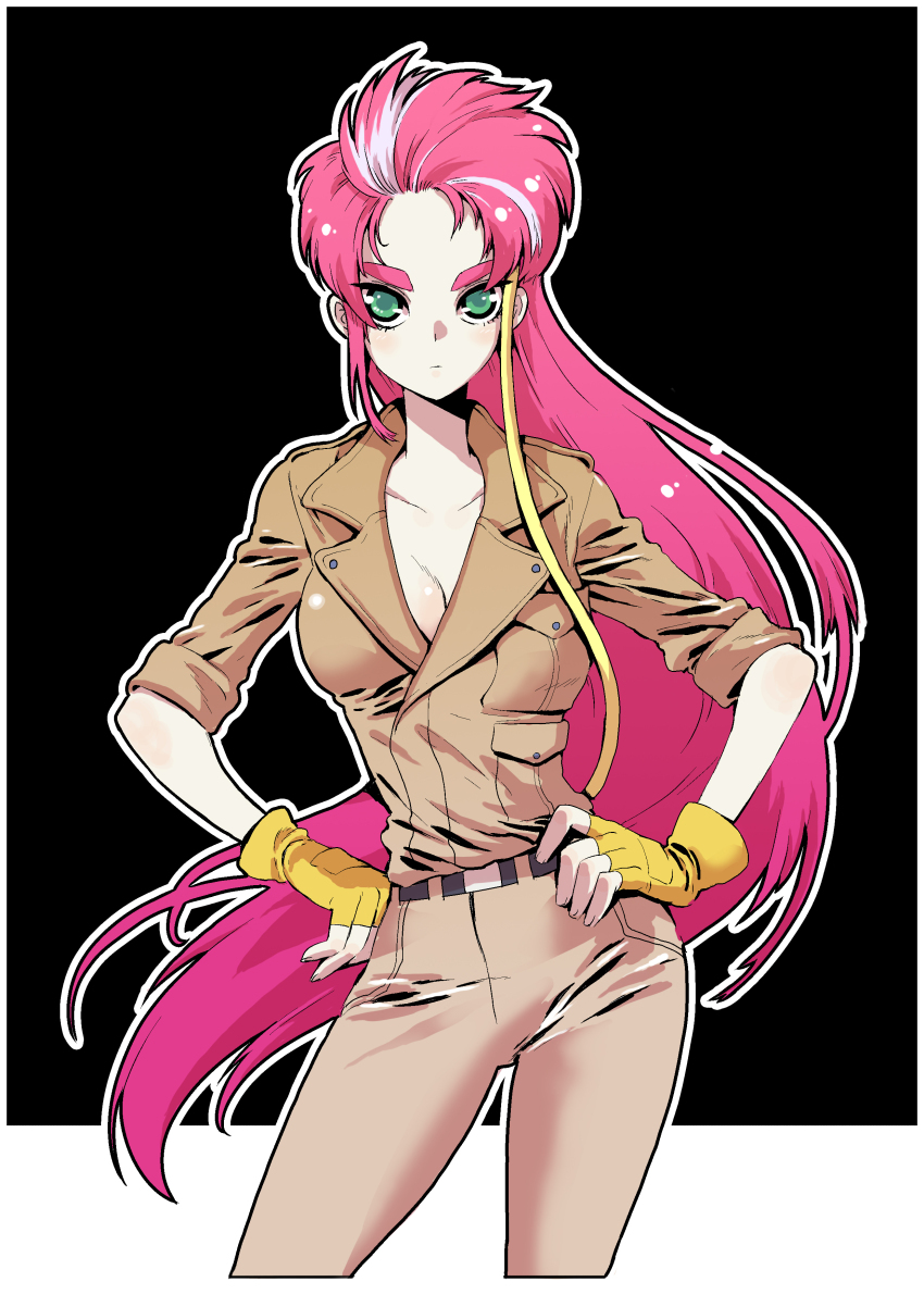 1girl absurdres belt black_background black_belt breasts brown_jumpsuit choujuu_kishin_dancouga cleavage dancouga_(series) djdjsodidrja fingerless_gloves frown gloves green_eyes grey_hair hands_on_own_hips highres jumpsuit long_hair looking_at_viewer medium_breasts multicolored_hair red_hair solo streaked_hair v-shaped_eyebrows very_long_hair yellow_gloves yuki_sara