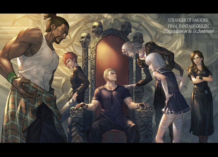 2girls 4boys anniversary ash_(ffo) astos bandaged_arm bandaged_leg bandages biceps black_hair blonde_hair copyright_name crossed_arms dress final_fantasy fingerless_gloves gloves grey_hair highres jack_garland jed_(ffo) jeekyl_sur multiple_boys multiple_girls muscular muscular_male neon_(ffo) pointy_ears red_hair sailor_collar sitting smile sophia_(ffo) stranger_of_paradise:_final_fantasy_origin tank_top throne