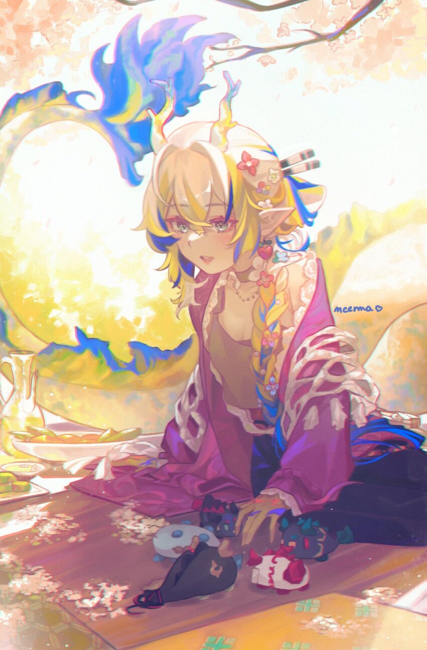 1girl :d annotated arknights blonde_hair bloom blue_hair blush braid breasts choker chongyue_(arknights) chromatic_aberration cleavage colored_extremities day dragon_bubble_(arknights) dragon_girl dragon_horns dragon_tail drink dusk_(arknights) film_grain food frilled_sleeves frills green_eyes hair_between_eyes hair_intakes hair_over_shoulder highres horns jacket light_particles ling_(arknights) long_hair long_sleeves looking_down medium_breasts multicolored_hair neema_(oneemasan) nian_(arknights) official_alternate_costume open_mouth outdoors picnic pink_jacket pointy_ears shu_(arknights) shu_(spring_feast)_(arknights) sitting smile solo sunlight tail white_hair yellow_choker yu_(arknights)