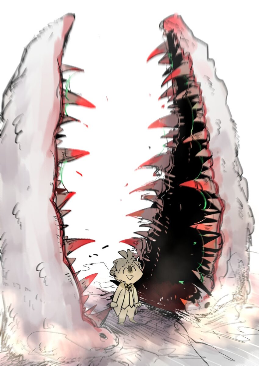 1other closed_eyes employee_(project_moon) full_body highres jacket lobotomy_corporation long_sleeves meat_lantern_(project_moon) nugget_(project_moon) open_mouth pants peril project_moon sabaage saliva sharp_teeth simple_background smile teeth turn_pale white_background