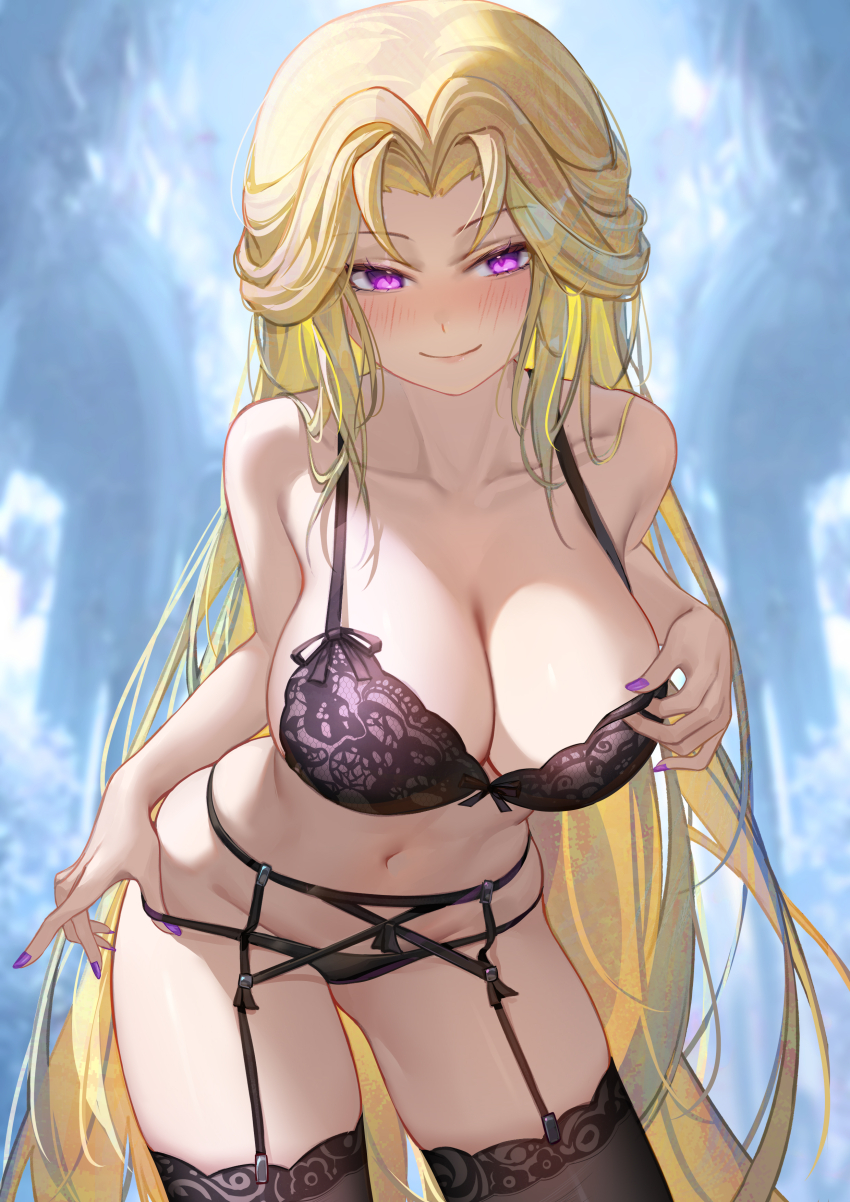 1girl absurdres adjusting_bra adjusting_clothes adjusting_panties bare_arms bare_shoulders black_garter_belt black_garter_straps black_panties black_thighhighs blonde_hair blush bra breasts cleavage closed_mouth collarbone garter_belt garter_straps highres lace lace-trimmed_bra lace_trim large_breasts long_hair looking_at_another navel original panties parted_bangs purple_bra purple_eyes purple_nails saw272 smile solo stomach thighhighs underwear