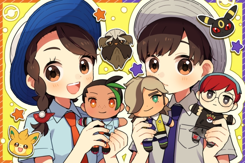 1boy 1girl :d arven_(pokemon) blush braid breast_pocket brown_eyes brown_hair character_doll collared_shirt commentary_request doll eyelashes florian_(pokemon) gen_2_pokemon hat holding holding_doll juliana_(pokemon) mabosstiff necktie nemona_(pokemon) nintendo open_mouth orange_necktie pawmi penny_(pokemon) pocket pokemon pokemon_sv rii_(pixiv11152329) shirt short_sleeves smile star_(symbol) teeth tongue umbreon upper_teeth_only
