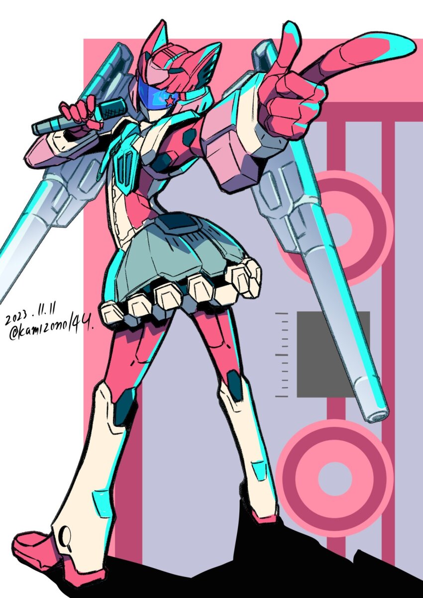 1girl blue_eyes helmet highres humanoid_robot kamizono_(spookyhouse) mecha mecha_musume pointing redesign robot robot_girl rosanna_(transformers) science_fiction skirt solo transformers